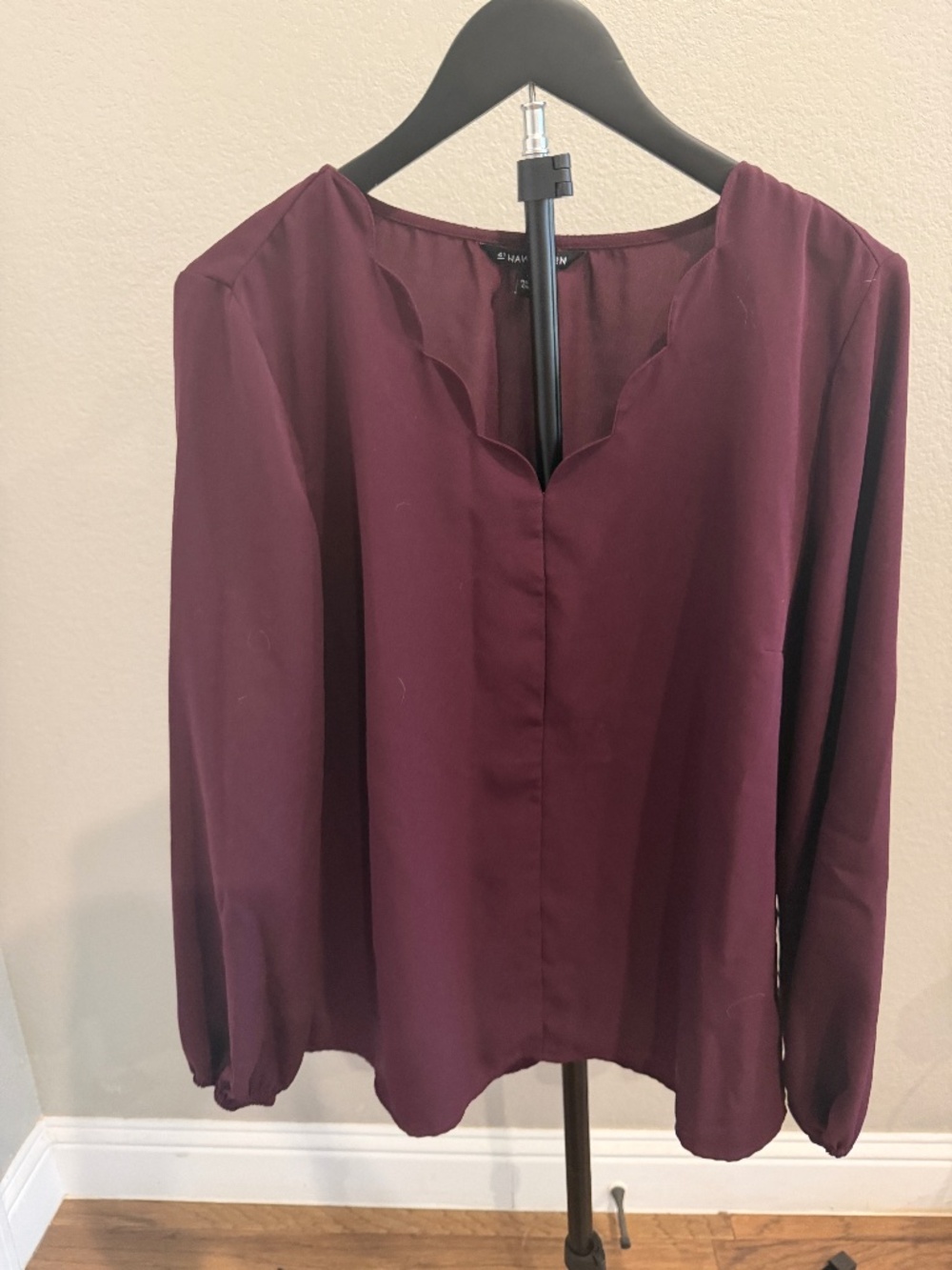 Hawthorn Burgundy Ruffle Neck Long-Sleeve Blouse – Relaxed Fit size medium